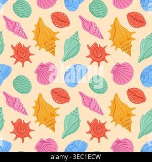 Colorato e moderno motivo senza cuciture di conchiglie piatte su sfondo sabbioso. Carina illustrazione marina. Per design estivi, tessuti, carta da parati, prodotti per bambini. Illustrazione vettoriale Illustrazione Vettoriale
