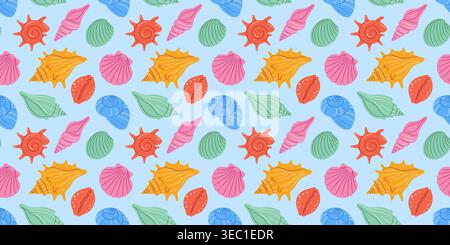 Colorato e moderno motivo senza cuciture di vari conchiglie a cartoni animati in stile piatto su sfondo blu. Carina illustrazione marina. Per design estivi, tessuti, carta da parati, prodotti per bambini. Illustrazione vettoriale Illustrazione Vettoriale