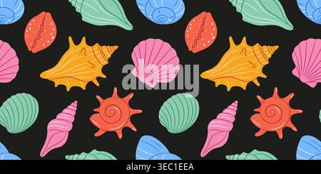 Colorato e moderno motivo senza cuciture di vari conchiglie a cartoni animati in stile piatto su sfondo nero. Carina illustrazione marina. Per design estivi, tessuti, carta da parati, prodotti per bambini. Illustrazione vettoriale Illustrazione Vettoriale