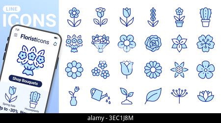Set di icone di fiori e linee di giardinaggio. Rosa, tulipani, bouquet di frutta, fiori primaverili, cactus, lavanda, annaffiatoio, germoglio. Semplici segni di contorno per il fioraio Illustrazione Vettoriale