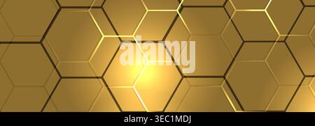 Tecnologia esagonale color oro a nido d'ape ampio sfondo astratto. Illustrazione vettoriale dorata con banner a trama esagonale. Illustrazione Vettoriale