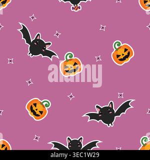 Motivo di Halloween senza cuciture con simpatici pistrelli e zucche jack o lanterna su sfondo viola, illustrazione vettoriale piatta perfetta per tessuti e avvolgimenti Illustrazione Vettoriale