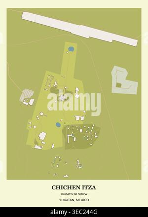 Mappa dettagliata del sito architettonico e layout di Chichen Itza a Yucatán, Messico. Illustrazione Vettoriale