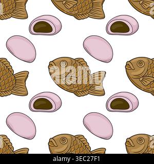 Stile vettoriale senza cuciture di adorabili torte di pesce taiyaki giapponesi e dessert mochi rosa Illustrazione Vettoriale