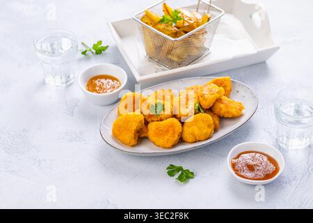 Pepite di pollo con patate fatte in casa e salse Foto Stock
