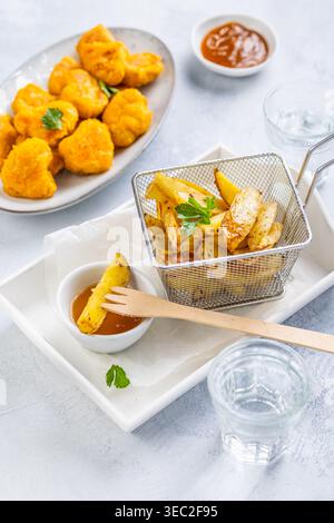 Pepite di pollo con patate fatte in casa e salse Foto Stock
