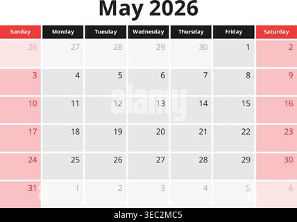 Calendario pianificatore maggio 2026. Pagina vettoriale mensile in inglese Illustrazione Vettoriale