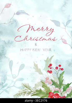 Sfondo natalizio acquerello con testo rosa Merry Christmas. Elegante cornice per le vacanze invernali con frutti di bosco, petto e soffice lavaggio a base di tè. Vettore. Illustrazione Vettoriale