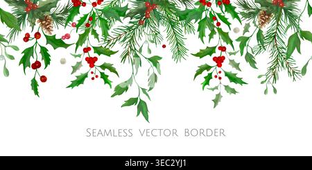 Contorno di acquerello natalizio con agrifoglio, rami di pino, bacche rosse. Modello di buon Natale disegnato a mano. illustrazione. EPS vettoriale. Illustrazione Vettoriale