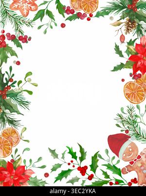 Cornice quadrata di Natale con punta, zenzero, fette di arancio e pigro. Confine botanico delle vacanze invernali isolato sul bianco. Vettore. Illustrazione Vettoriale