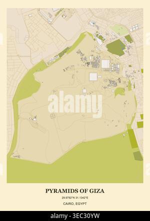 Mappa dettagliata del sito architettonico e disposizione delle piramidi di Giza e dell'Altopiano di Giza al Cairo, Egitto. Illustrazione Vettoriale