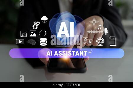 Concetto di assistente di intelligenza artificiale digitale con tecnologia intelligente e icone di comunicazione che rappresentano soluzioni aziendali moderne e innovazioni nella vita di tutti i giorni Foto Stock