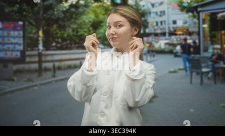 La chef donna in uniforme bianca fa baciare lo chef con le mani sulla strada; assapora la passione e la soddisfazione culinaria. Foto Stock