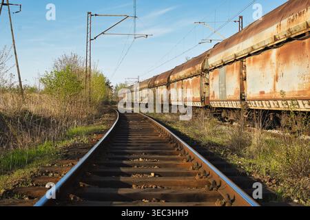 Una fila di vecchi carri merci arrugginiti si trova lungo un binario ferroviario curvo sotto linee elettriche aeree. La vegetazione ricoperta circonda i binari su una Foto Stock