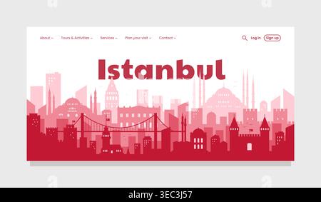 Illustrazione vettoriale dello skyline di Istanbul, paesaggio urbano della Turchia con punti di riferimento in stile moderno e piatto. Illustrazione Vettoriale
