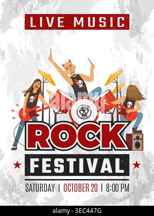 Poster Rock. placard invito per il festival rock. design di template con musicisti rock band Illustrazione Vettoriale