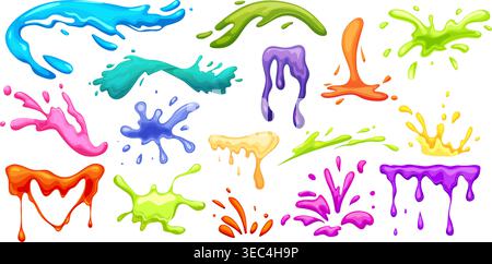 Spruzzi di vernice per cartoni animati. Pitture colorate spruzzi di succo di frutta, schizzi di melma macchie blot blob inchiostro goccia spruzzo spruzzo spruzzo spruzzo di goccia cartone animato grafica originale ingegnosa vettoriale Illustrazione Vettoriale