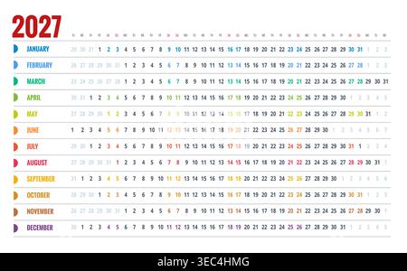 2027 modello di calendario e righe di date compatte. Pianificazione annuale pulita 2027 per l'organizzazione dell'ufficio, la panoramica della pianificazione e l'uso della stampa. 12 mesi Illustrazione Vettoriale