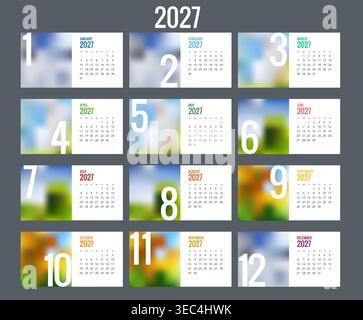 2027 modello di calendario e righe di date compatte. Pianificazione annuale pulita 2027 per l'organizzazione dell'ufficio, la panoramica della pianificazione e l'uso della stampa. 12 mesi Illustrazione Vettoriale