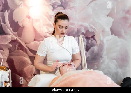 Estetista che esegue un'applicazione ringiovanente maschera facciale sul viso del cliente con prodotti professionali per la cura della pelle in un salone di bellezza Foto Stock