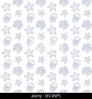 Motivo senza cuciture con coralli, stelle marine e meduse con linea blu su sfondo bianco. Delineare la stampa sott'acqua. Illustrazione Vettoriale