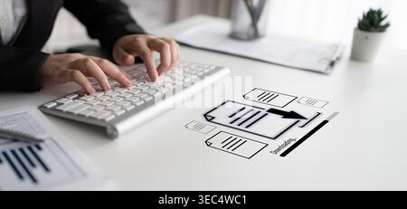 Rappresentazione visiva del download di documenti digitali, che mostra il trasferimento di file, l'accesso ai dati e lo stato di avanzamento per informazioni sicure ed efficienti Foto Stock
