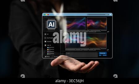 Piattaforma DI INTELLIGENZA ARTIFICIALE che genera immagini artistiche con interfaccia dinamica. I contenuti generati DALL'INTELLIGENZA artificiale vengono visualizzati nella galleria di immagini vista intelligenza artificiale. Intelligenza artificiale genrativa Foto Stock