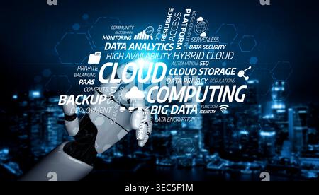 Una mano robotica interagisce con la grafica del cloud computing, mostrando concetti come l'analisi dei dati e lo storage in un vivace contesto urbano di notte Foto Stock