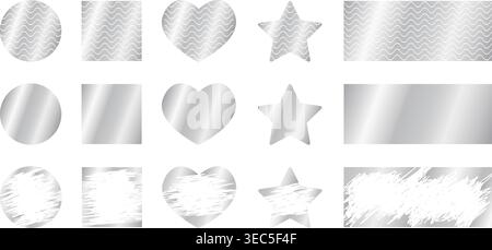 Set di superfici in argento graffiate con texture intere e raschiate. Collezione di modelli metallici per lotterie, buoni regalo o buoni sconto isolati su sfondo bianco. Illustrazione realistica vettoriale. Illustrazione Vettoriale