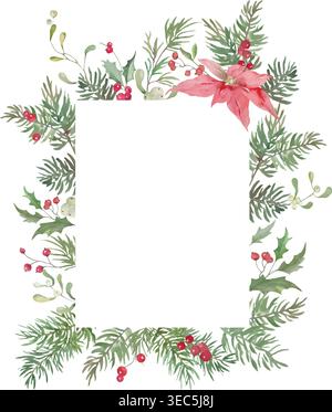 Cornice quadrata di Natale con punta, rami di pino, agrifoglio, bacche rosse. Confine botanico delle vacanze invernali isolato sul bianco. EPS vettoriale. Illustrazione Vettoriale