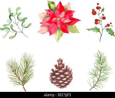 Elementi floreali di Natale in acquerello con pionsettia, agrifoglio, rami di pino, cono, mostletto. Clipart invernale natalizio su sfondo bianco. Vettore. Illustrazione Vettoriale