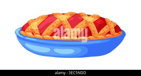 Illustrazione a fumetto di una torta di frutti di bosco fatta in casa con crosta di pasta a reticolo dorata e ripieno di bacche rosse in un piatto di ceramica blu, isolato su backgrou bianco Illustrazione Vettoriale