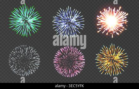 Fuochi d'artificio luminosi e colorati disposti su uno sfondo trasparente per feste, feste ed eventi. Ideale per i poster delle feste Illustrazione Vettoriale
