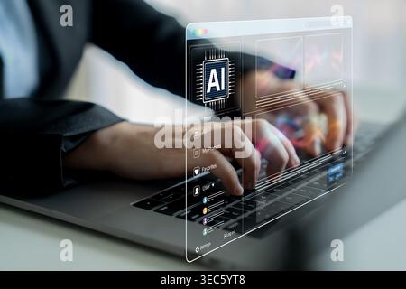 Piattaforma DI INTELLIGENZA ARTIFICIALE che genera immagini artistiche con interfaccia dinamica. I contenuti generati DALL'INTELLIGENZA artificiale vengono visualizzati nella galleria di immagini vista intelligenza artificiale. Intelligenza artificiale genrativa Foto Stock