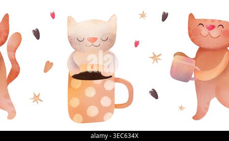 сute bordo senza cuciture di gattini di zenzero e crema, tazze a pois, cuori e stelle colorate. Motivo ripetitivo perfetto per tessuti e abbigliamento per bambini Foto Stock