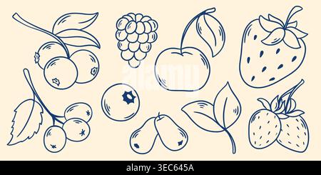 Bacche in stile mediterraneo. Illustrazioni a inchiostro blu disegnate a mano di fragole, lamponi, mirtilli, caprifoglio, lingonberi Illustrazione Vettoriale