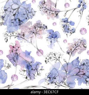 Fiori di rosa e blu, perle di vetro viola disegnate a mano con soffici acquerelli e contorni botanici a matita. Motivo senza cuciture per Foto Stock