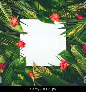 Composizione con fresche foglie tropicali e fiori esotici su sfondo bianco. Concetto estivo con motivo floreale e foglia. Disposizione piatta con spazio di copia. Foto Stock