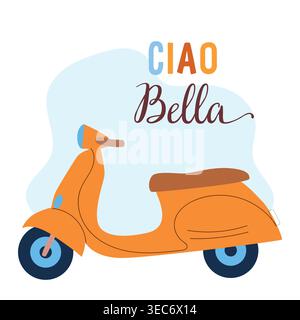 Scooter arancione con testo ciao bella su sfondo soleggiato Illustrazione Vettoriale