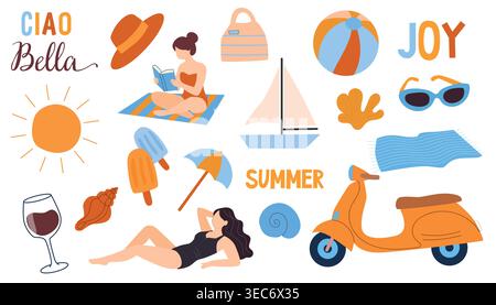 Le icone delle vacanze estive impostano una collezione di illustrazioni vettoriali piatte Illustrazione Vettoriale