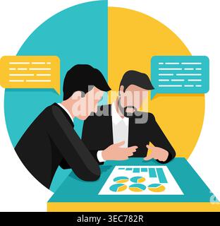 Due persone aziendali si riuniscono per pianificare e analizzare il concetto di grafico di marketing. Disegno illustrativo del vettore piatto Illustrazione Vettoriale