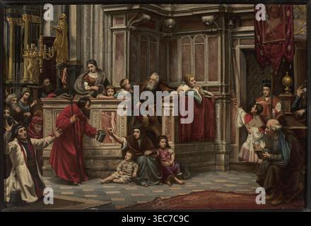 Scena in una chiesa — sacrificio di Edward Lepszy 1855–1932, pittore; scena di genere interno figurativo della chiesa in stile accademico, pittura ad olio, prima del 1900; dimensioni: Altezza 61 cm, larghezza 90 cm., Una scena all'interno di un interno ornato mostra un gruppo di persone riunite intorno a una piattaforma in pietra rialzata con pannelli scolpiti e tendaggi rossi; alcuni bambini siedono sul pavimento e sulla piattaforma, un bambino a piedi nudi con abiti leggeri e un'altra ragazza con un vestito rosa accanto a una donna seduta che indossa indumenti scuri e color verde acqua e una copertura marrone per la testa, mentre un uomo con una lunga veste rossa regge un bastone e un contenitore Foto Stock