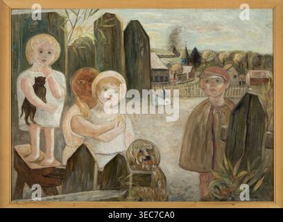 Children in a Country Yard, Makowski, Tadeusz 1882–1932 Painter, CA. 1926, Parigi; pittura; altezza 95,5 cm, larghezza 130 cm. soggetti: bambini, cani, conigli, gatti; periodo interbellico; pittura contemporanea., Una scena dipinta mostra un gruppo di bambini e animali in un ambiente esterno mite incorniciato da una semplice cornice di legno; un bambino pallido con i capelli chiari si erge su una piccola panchina di legno che regge un gatto di colore scuro, mentre nelle vicinanze due bambini sono strettamente raggruppati con un bambino con la pelle più scura che abbraccia un bambino dai capelli chiari che indossa un abito bianco, entrambi i volti pallidi morbidi caratteristiche; un cane bruno meritato con il suo Foto Stock