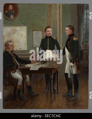 Scuola di applicazione di artiglieria e Ingegneria; Professore ed elewi; Chełmiński, Jan 1851-1925 pittore; inizio XX secolo; pittura; altezza 29 cm; larghezza 23,5 cm, Una scena interna dipinta che mostra una stanza con pavimento in legno e muri verdi tenui dove un uomo anziano seduto e due uomini più giovani in piedi con cappotti in stile militare verde scuro con spalline dorate e rifiniture rosse sono raccolti intorno ad un tavolo in legno; l'uomo seduto indossa pantaloni di colore chiaro e stivali scuri e si appoggia sul tavolo, un uomo in piedi si affaccia in avanti con piccoli baffi, pantaloni e guanti bianchi, mentre l'altro si trova in piedi Foto Stock