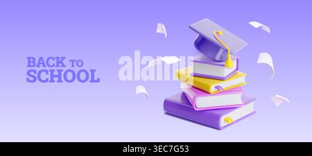 Banner Back to School 3D con una pila di libri, cappello per laureati e note di carta aerea, sfondo vettoriale dei fumetti. Simpatico poster in plastica lucida per salutare gli eventi del college e la cerimonia degli studenti Illustrazione Vettoriale