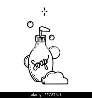 Dispenser per sapone con bolle line art contorno disegnato a mano isolato su bianco Illustrazione Vettoriale