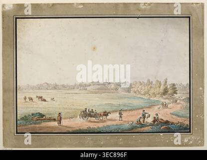 Veduta di Kock dalla strada, Vogel, Zygmunt 1764–1826 pittore; scene di genere vagabondo, viaggi, carretti, voivodato di Kock Lublin, iconografia degli ebrei, città, tipi di genere, animali, cani, bestiame domestico, viste, campi, case, municipalità, monaci; ca. 1796; disegno ad acquerello; altezza 42 cm, larghezza 58,8 cm., Un'ampia scena pastorale mostra un cielo beige chiaro su un prato verde pallido e abbronzato con un villaggio lontano all'orizzonte. In primo piano, una strada sterrata colorata di caldi venti marroni da sinistra a destra, accanto ad un torrente azzurro pallido. Alcune mucche di colore marrone e abbronzate pascolano sul prato a sinistra. Vicino al centro A. Foto Stock
