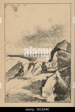 Riproduzioni di disegni: Anna Bilińska-Bohdanowicz 1857–1893, schizzi di studi marittimi; riproduzione, pittura, pittura polacca, litorale, paesaggi marini, paesaggi, 1893, illustrazione stampa, riproduzione di un'opera d'arte, l'immagine mostra una scena testurizzata e sgranata resa in punti e linee neri su uno sfondo abbronzato, con un bordo rettangolare che incornicia la composizione; c'è una grande distesa di cielo nella parte superiore piena di macchie nere sparse, e sotto di essa una linea scura orizzontale che suggerisce un orizzonte lontano; la parte inferiore contiene un ammasso di forme scure irregolari e. Foto Stock