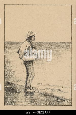 Riproduzioni di disegni: Anna Bilińska-Bohdanowicz 1854–1893, schizzi di studi marittimi; spiagge, paesaggi marini; riproduzione di un'opera d'arte; pittura; pittura polacca; illustrazione stampa; 1893; schizzo/riproduzione., Uno schizzo monocromatico su sfondo beige che mostra una persona in piedi sul bordo di un corpo d'acqua, rivolta verso destra, con un cappello a tesa e abiti larghi con un anello galleggiante rotondo intorno alla vita; il litorale e l'acqua calma si estendono orizzontalmente dietro di loro e la figura proietta un debole riflesso sulla sabbia bagnata, con aree ombreggiate più scure che indicano Foto Stock