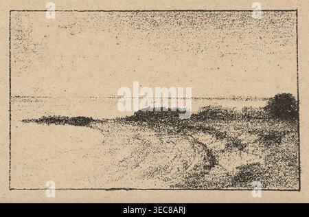 Riproduzioni di disegni: Anna Bilińska-Bohdanowicz 1857–1893, schizzi di studi marittimi; litorale, paesaggi marini; pittura; riproduzione di un'opera d'arte; illustrazione stampa; 1893; Varsavia., l'immagine mostra una scena sgranata e testurizzata in beige e nero dove un bordo rettangolare racchiude una composizione paesaggistica; all'interno del bordo, segni neri punteggiati e stipati formano forme orizzontali irregolari che suggeriscono una fascia più scura vicino al centro e un'area più scura curva verso il bordo destro, con un ammasso scuro denso vicino al bordo destro e una macchiazzatura più scura sparsa sopra Foto Stock